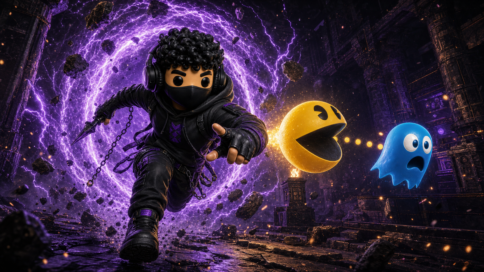 BenjiStrike emerge de un portal electrico morado mientras Pacman persigue a un fantasma azul.